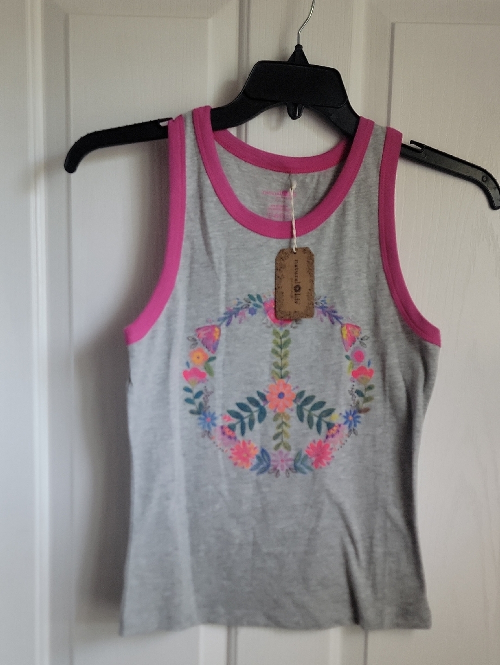 NATURAL LIFE Gray Tank Top with Pink Trim and Floral Peace Graphic Nwt New Small
